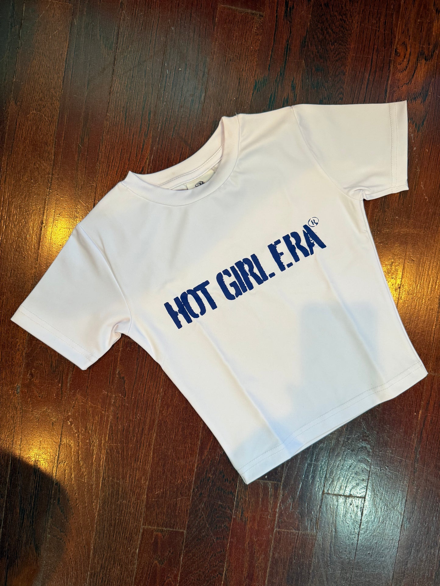 White & Navy Blue "Hot Girl Era" Short Sleeve Crop Top
