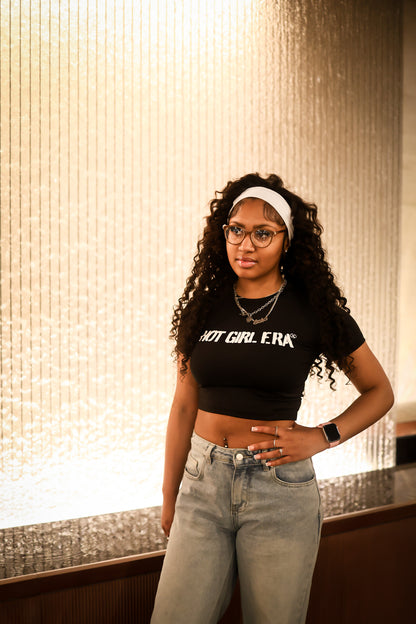 Black "Hot Girl Era" Short Sleeve Crop Top